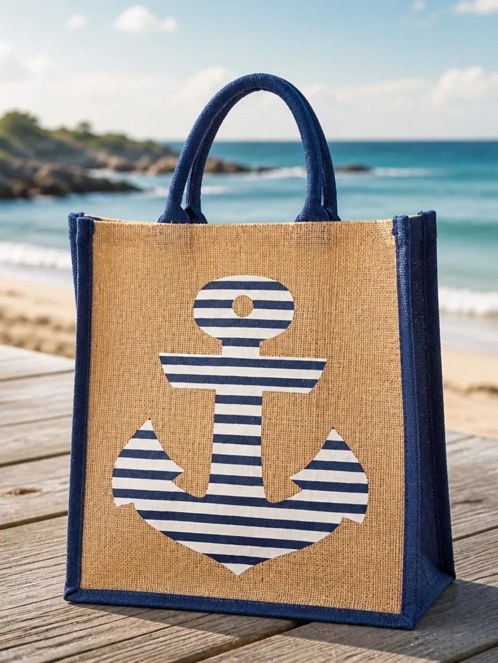 Striped Anchor Jute Tote Bag in Natural and Navy